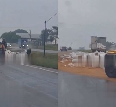 Imagem - Carreta derrama carga de soja e provoca transtornos na BR-316, em Castanhal