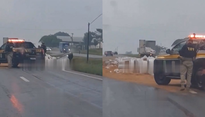 (Carreta derrama carga de soja e provoca transtornos na BR-316, em Castanhal)