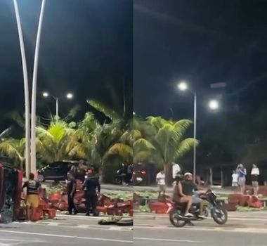 Imagem - Caminhão carregado de bananas tomba na avenida João Paulo II, em Belém