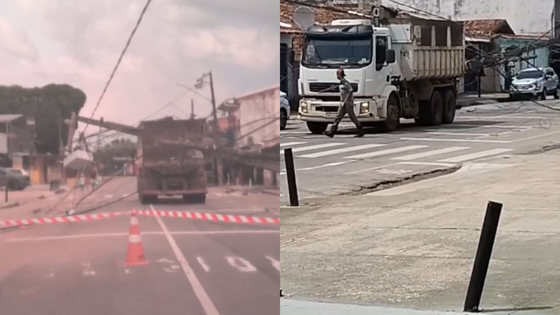Caçamba bate em poste e derruba fiação na Cidade Nova, em Ananindeua.