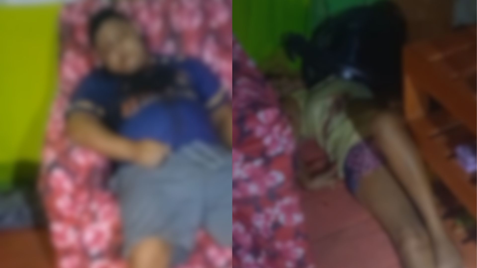 O casal foi encontrado no que parece ser a sala da residência.