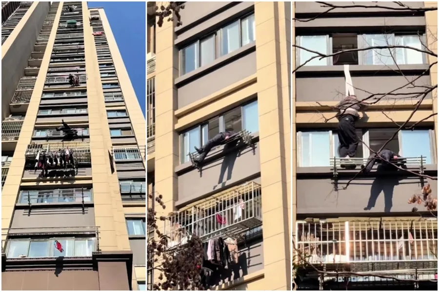 Depois de ter a queda interrompida pelo varal, o idoso ficou de costas, com as pernas suspensas no ar

