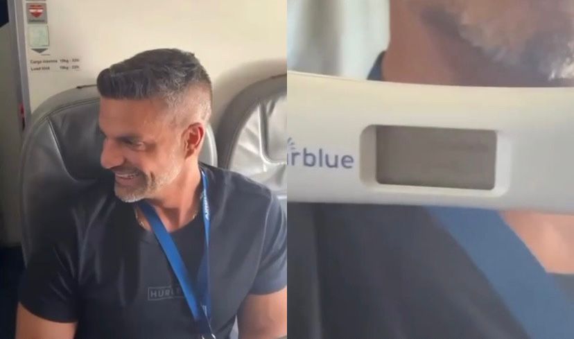 A revelação foi preparada para o marido da passageira, Du, com o apoio do piloto e das comissárias de bordo, e arrancou aplausos de todos a bordo.