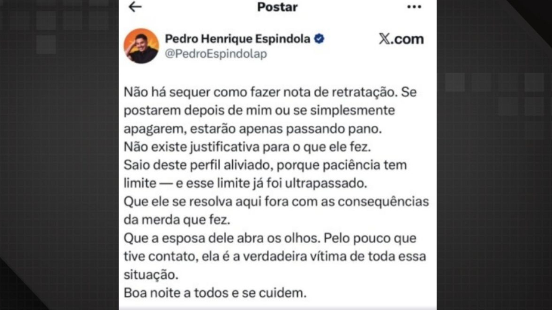 Nota da equipe de Pedro