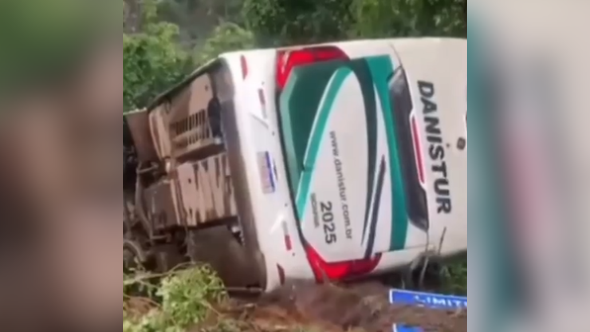 Imagem - Ônibus sai da pista e tomba na BR 153 após desviar de árvore caída