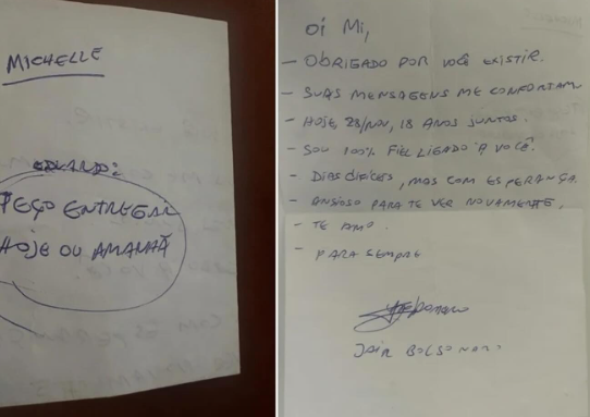 No texto, Bolsonaro se refere a Michelle de forma carinhosa, chamando-a de Mi, e afirma estar ansioso para revê-la