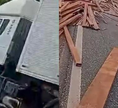 Imagem - Carreta carregada com madeira tomba e interdita parcialmente a BR-316, em Viseu