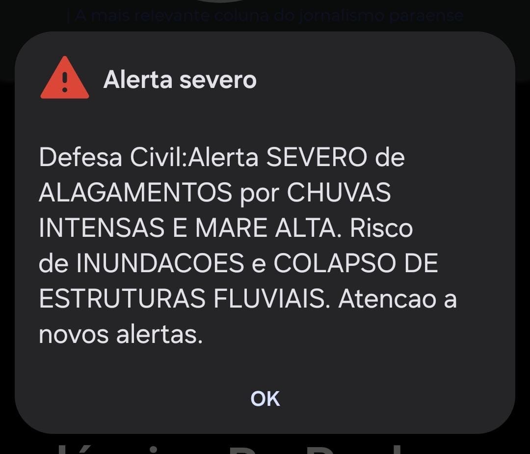 Alerta foi enviado aos smartphones em Belém - 