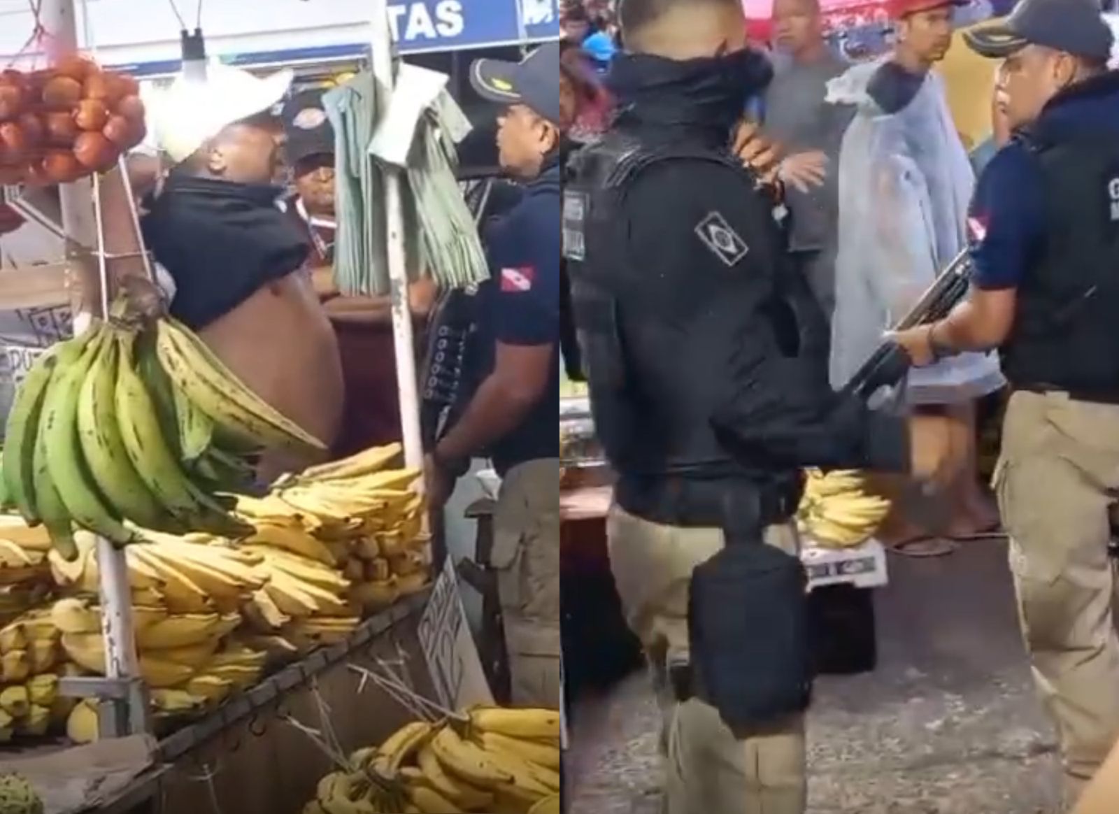 Um agente chega apontar um armamento para os feirantes.