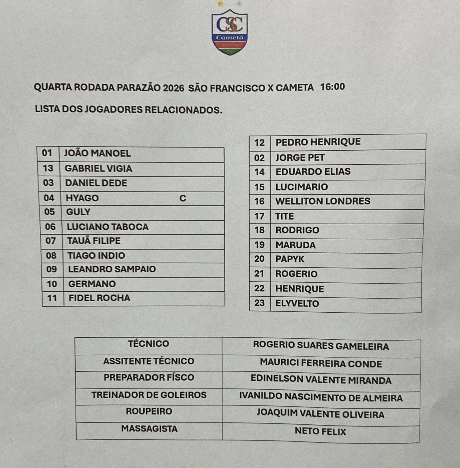 Escalação oficial do Cametá 