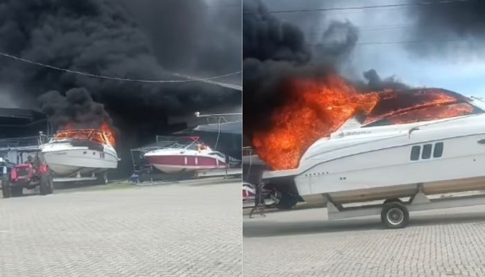 Incêndio no Guamá: veja o momento que lancha pegando fogo é retirada no Marine Club