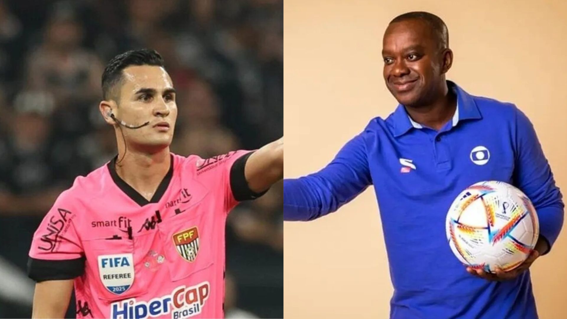 Árbitro Matheus Candançan e o comentarista PC de Oliveira - 