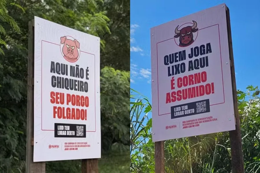 Em pontos críticos da cidade, a administração instalou placas com mensagens diretas e bem-humoradas para tentar frear o problema

