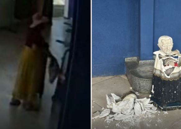 (Flagrante do vandalismo contra a estátua de Padre Cícero Romão Batista no Terminal Rodoviário da cidade, na região do Cariri cearense.)