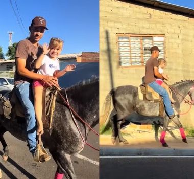 Imagem - Menina se emociona ao ser surpreendida pelo padrasto montado em égua na saída da escola no Paraná