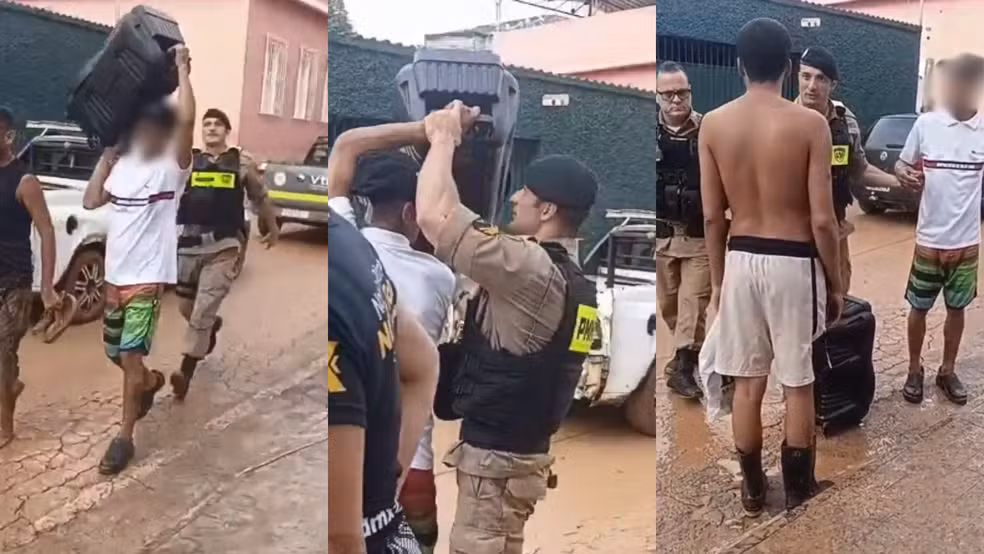 O flagrante registrado por populares e divulgado pela PM mostra os sargentos Julião e Passon, em patrulhamento, percebendo o suspeito saindo com o eletrônico.)