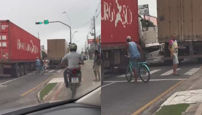Acidente envolvendo duas carretas e um carro é registrado na Avenida Augusto Montenegro, em Belém