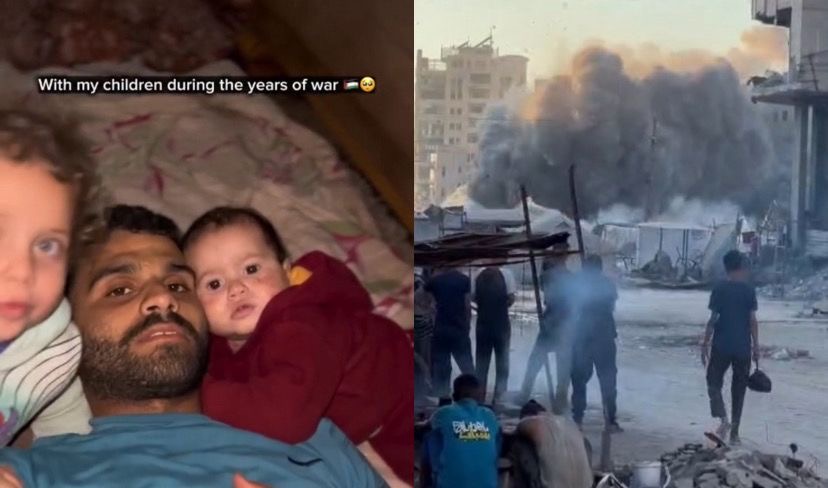 O pai tenta acalmá-las segurando as filhas no colo mesmo em meio ao clima de insegurança e incerteza provocado pelos bombardeios