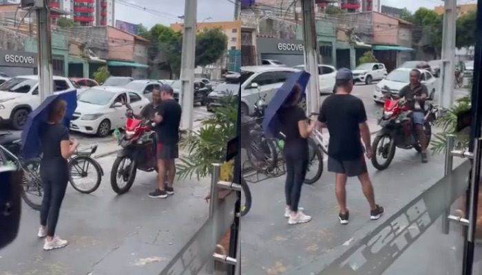 (Casal impede motociclista de usar calçada em Belém)