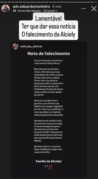 (Publicação confirmando a morte da jovem) 