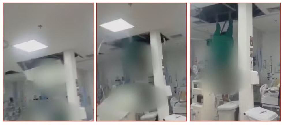 Nas imagens, o homem aparece vestido com roupas hospitalares quando o forro do teto cede e ele despenca dentro da sala de internação


