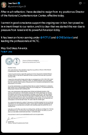 Carta publicada de Joe Kent na rede social X.