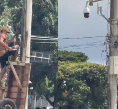 Imagem - Homens são flagrados rompendo cabo de câmera de segurança na Praça do Relógio, em Belém
