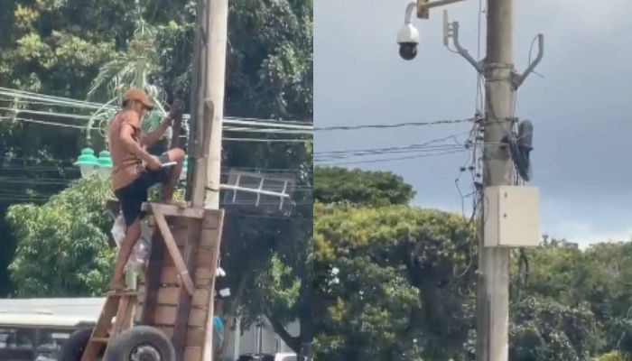 Homens são flagrados rompendo cabo de câmera de segurança na Praça do Relógio, em Belém