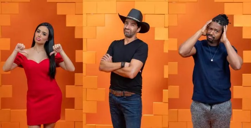 (Alberto Cowboy, Jordana e Leandro Boneco disputam a permanência na casa.)