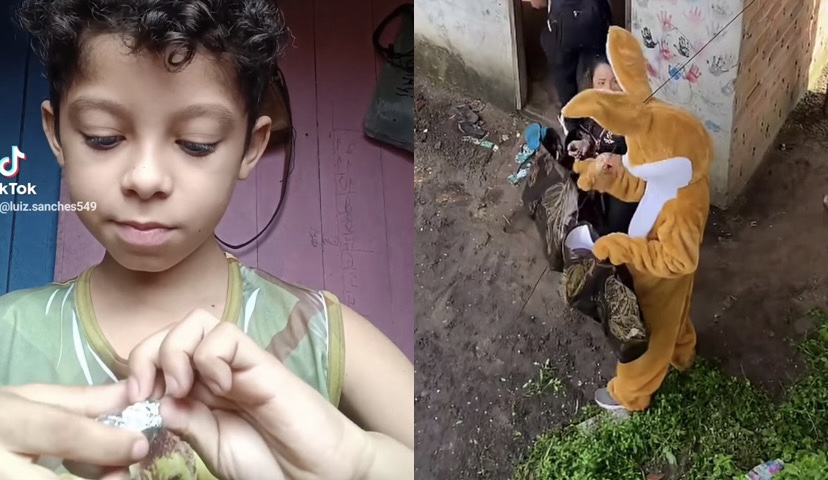 No vídeo, o menino demonstra alegria genuína mesmo diante da simplicidade