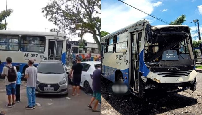 Imagem - Motorista perde o controle de ônibus, colide contra poste e atinge outros dois veículos em Ananindeua