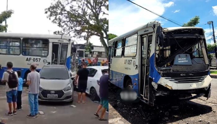 Motorista perde o controle de ônibus, colide contra poste e atinge outros dois veículos em Ananindeua