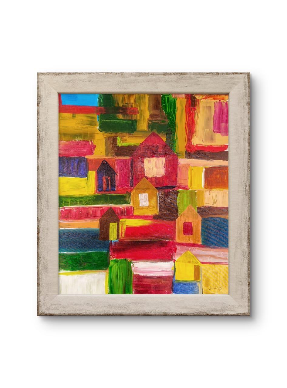 Na exposição, a artista apresenta duas obras, “Cidade das Cores” e “Cidade Viva”, desenvolvidas em técnica acrílica sobre tela.