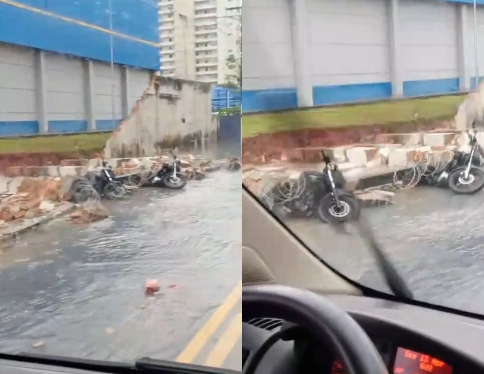 Muro de supermercado desaba sobre motocicletas estacionadas durante forte chuva em Belém.
