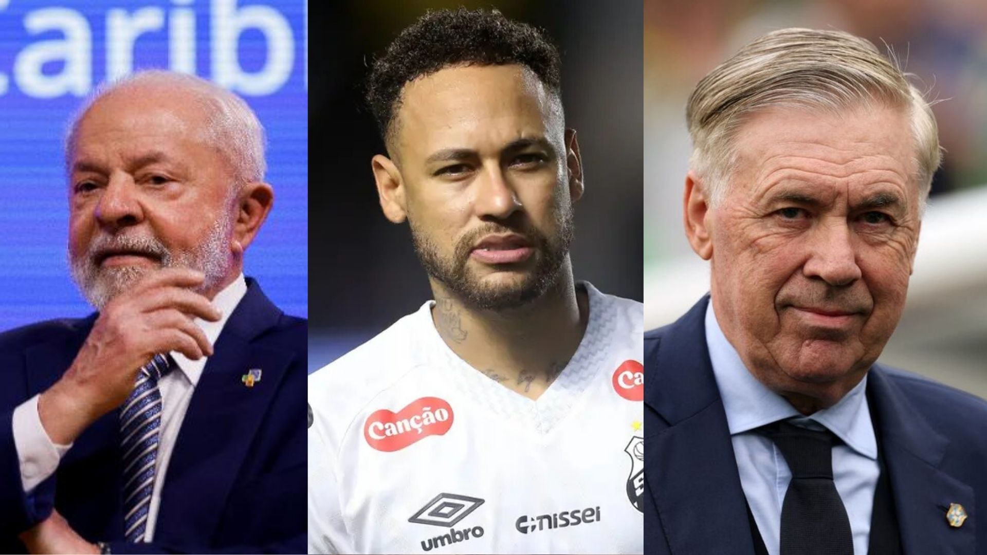 Presidente Luiz Inácio Lula da Silva, Neymar Jr. e técnico da Seleção Brasileira, Carlo Ancelotti.