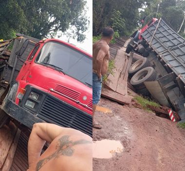 Imagem - Caminhão cai após ponte de madeira desabar no município de Peixe boi