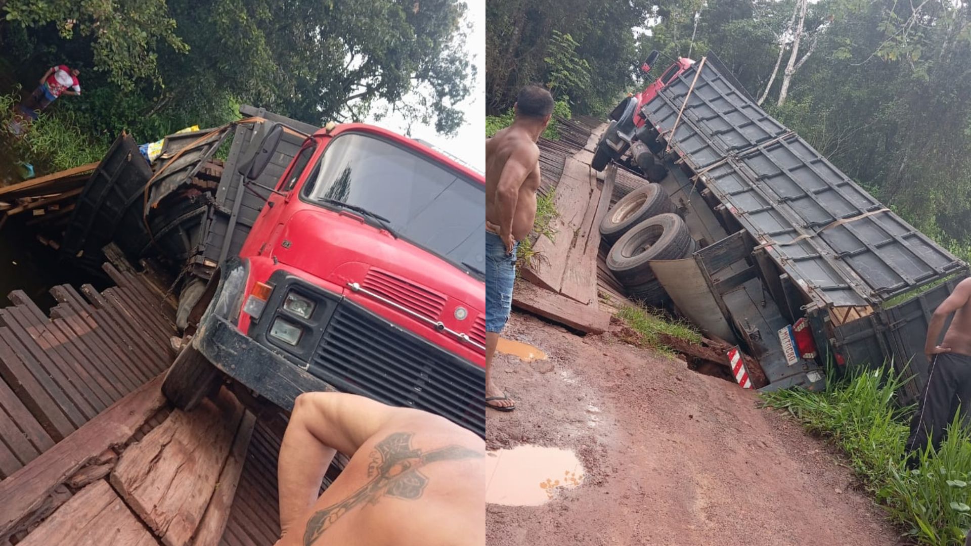 Caminhão cai após ponte de madeira desabar no município de Peixe boi 