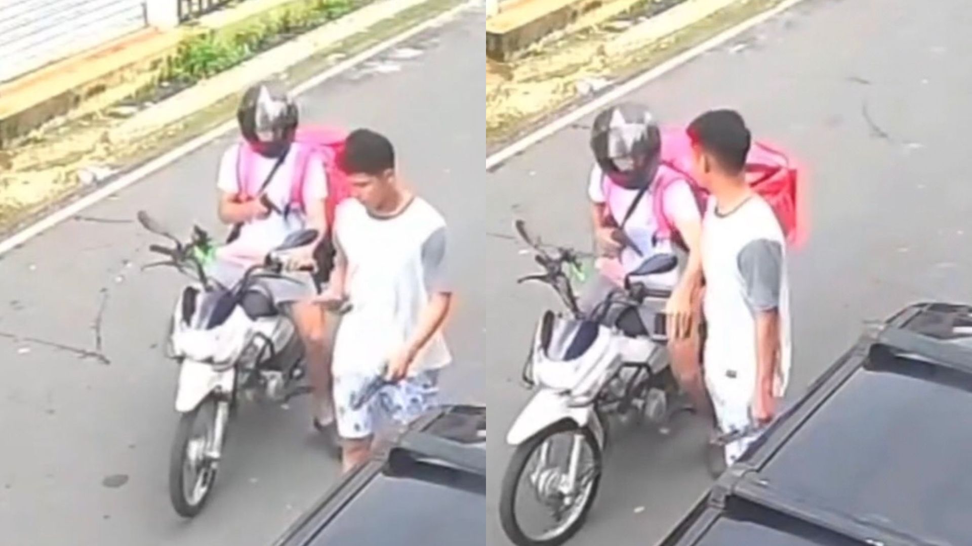 Câmeras de segurança registram momento em que um jovem é assaltado por suposto entregador
