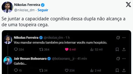 Nikolas compartilhou um print da interação em seu perfil e elevou o tom das críticas