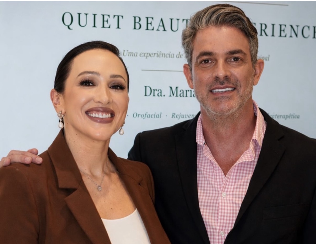 Dr. Pedro Graziani, cirurgião dentista que comanda o Instituto l’Harmonie, e Dra. Marielle Ribeiro, especialista em harmonização facial, em tarde de bate-papo sobre beleza natural e sem excessos. 
