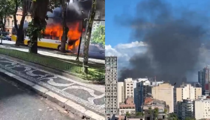 Ônibus é consumido por fogo na avenida Presidente Vargas, em Belém
