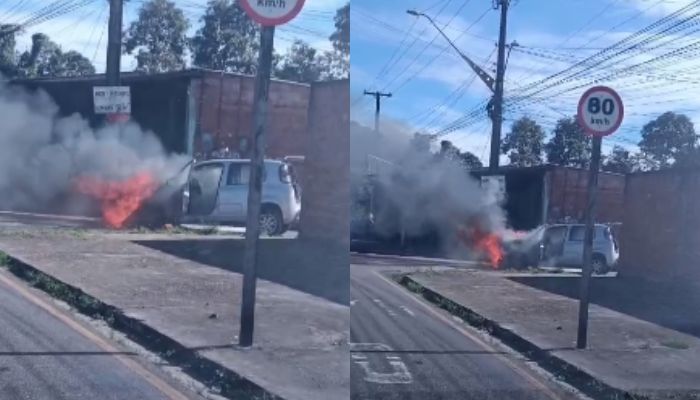 Carro pega fogo e assusta moradores no bairro Icuí, em Ananindeua