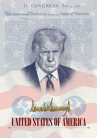 (Imagem de Trump em passaporte comemorativo dos EUA)