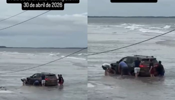 Veículo fica atolado na areia após subida da maré no Farol Velho, em Salinópolis