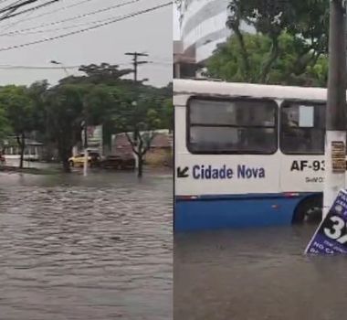 Imagem - Ônibus fica submerso após pane em alagamento na Avenida Pedro Miranda, em Belém