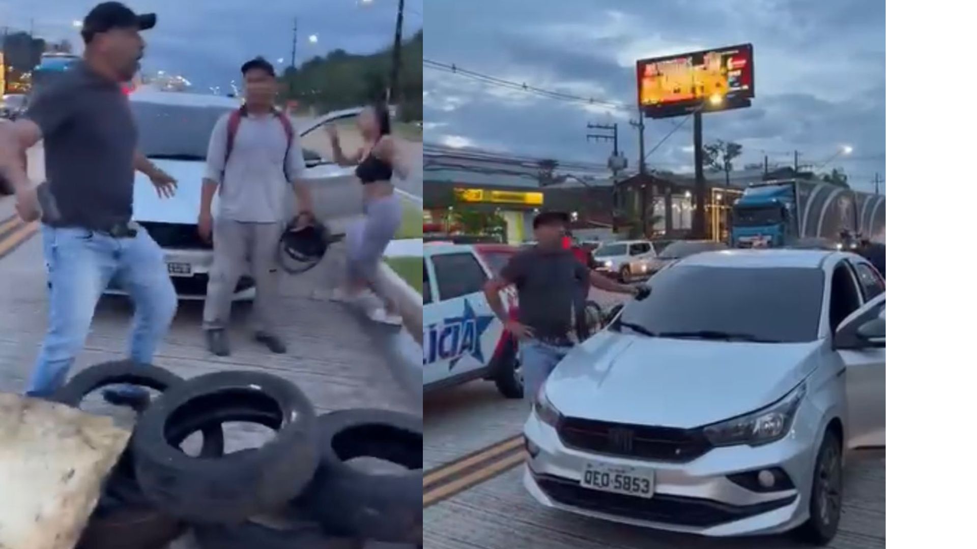 Homem aponta arma para manifestantes durante protesto na Augusto Montenegro