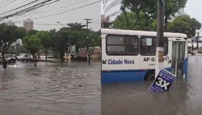 Imagem - Ônibus fica submerso após pane em alagamento na Avenida Pedro Miranda, em Belém