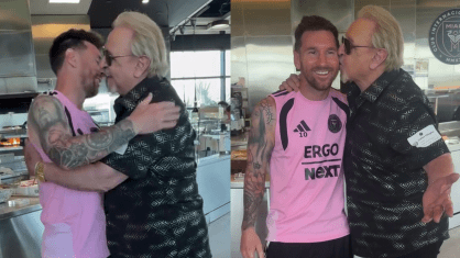 Carlos Villagrán, conhecido mundialmente por interpretar o personagem Kiko, abraçando o jogador Messi durante encontro.