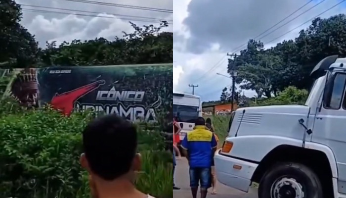 (Carreta da aparelhagem Tupinambá perde os freios, volta de ré e cai em barranco na PA-124)
