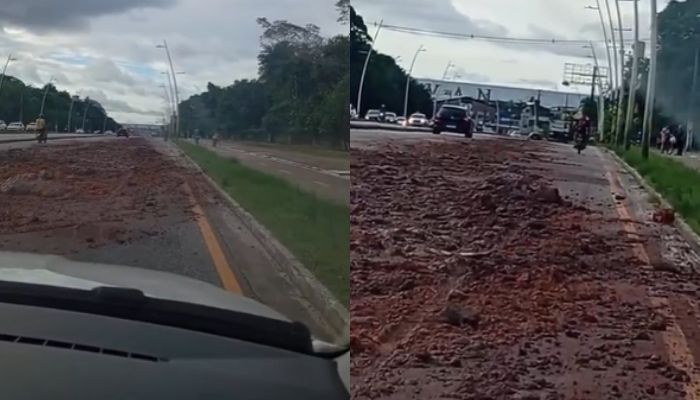 Caçamba derrama barro na Augusto Montenegro e complica trânsito em Belém